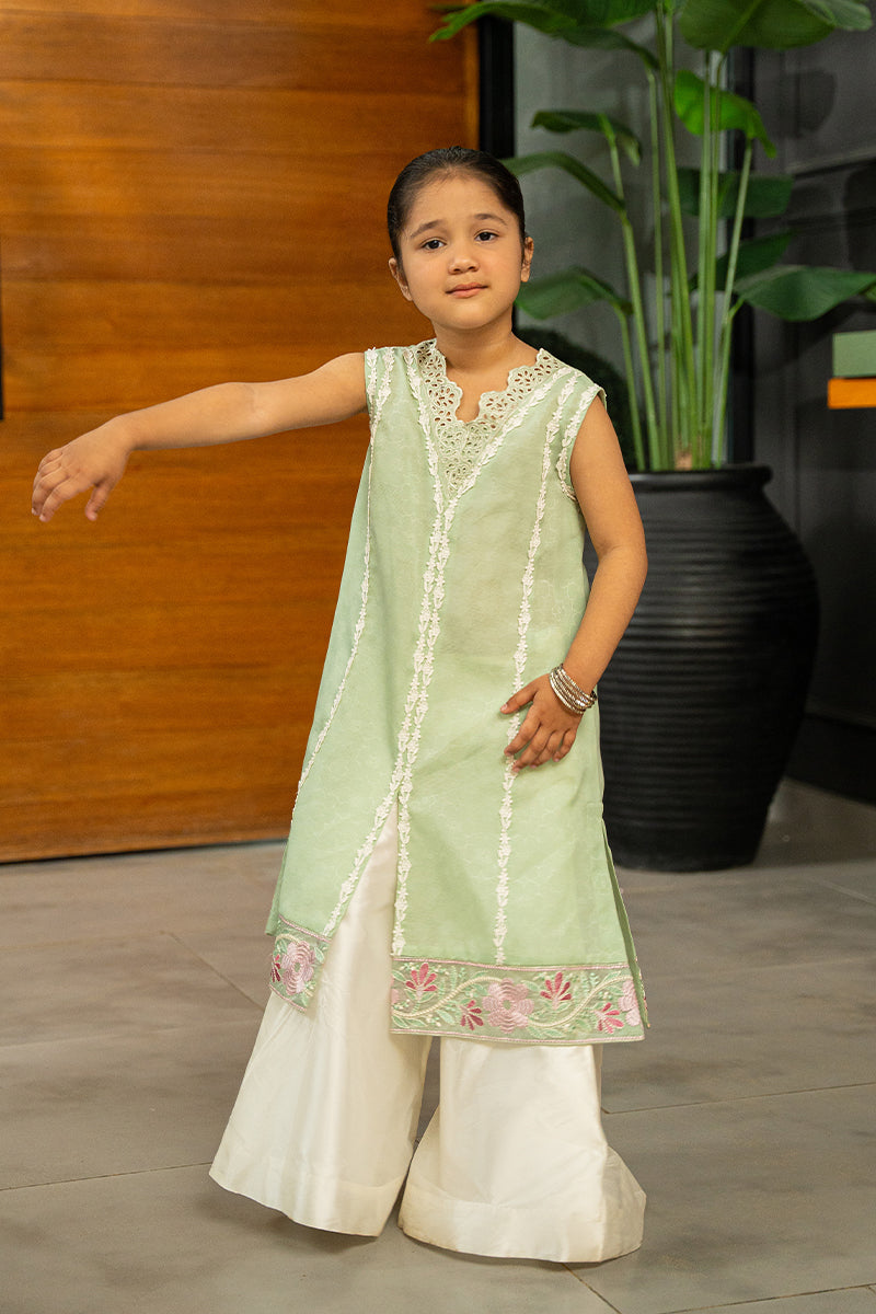 Pakistani Mint Green Embroidered Embossed Shirt & Silk Dhaka Pants (2-Piece) - Image 9