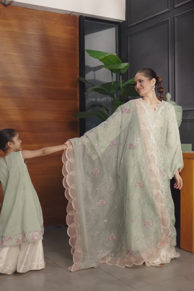 Mint Green Embroidered Embossed Salwar Kameez (2-Piece) - Image 17