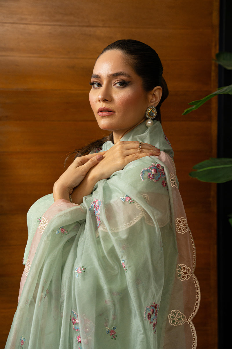 Pakistani Mint Green Embroidered Embossed Kurta Set (3-Piece) - Image 3