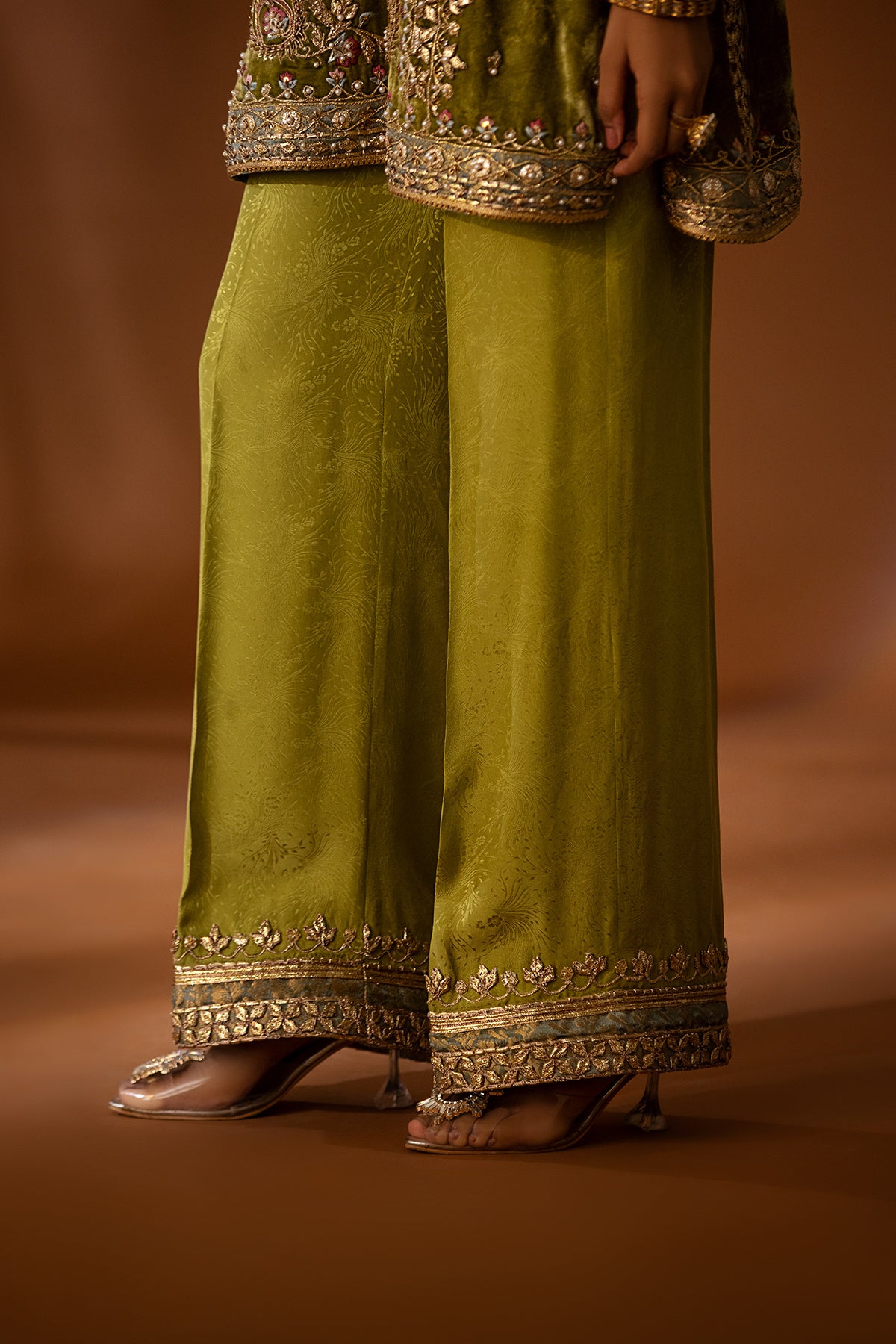 Olive Green Gota Embossed Silk Pants (1-Pc) - Image 1
