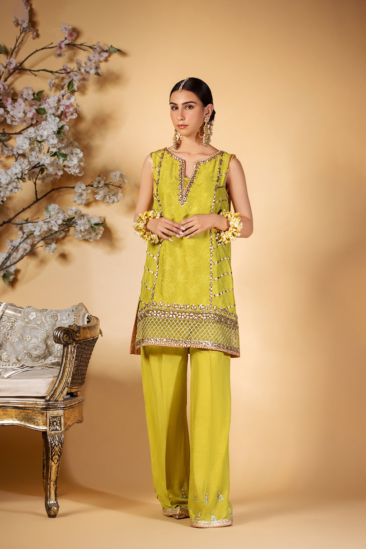 Lime Green Gota Embossed Silk Salwar Kameez (2-Piece) - Image 1
