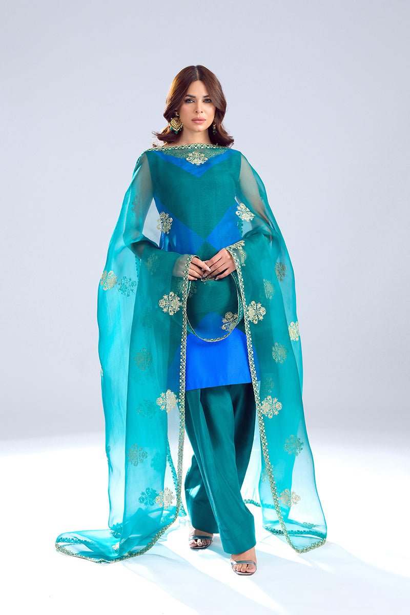Pakistani Blue-Green Zardozi Embossed Silk Salwar Kameez (3-Piece) - Image 2