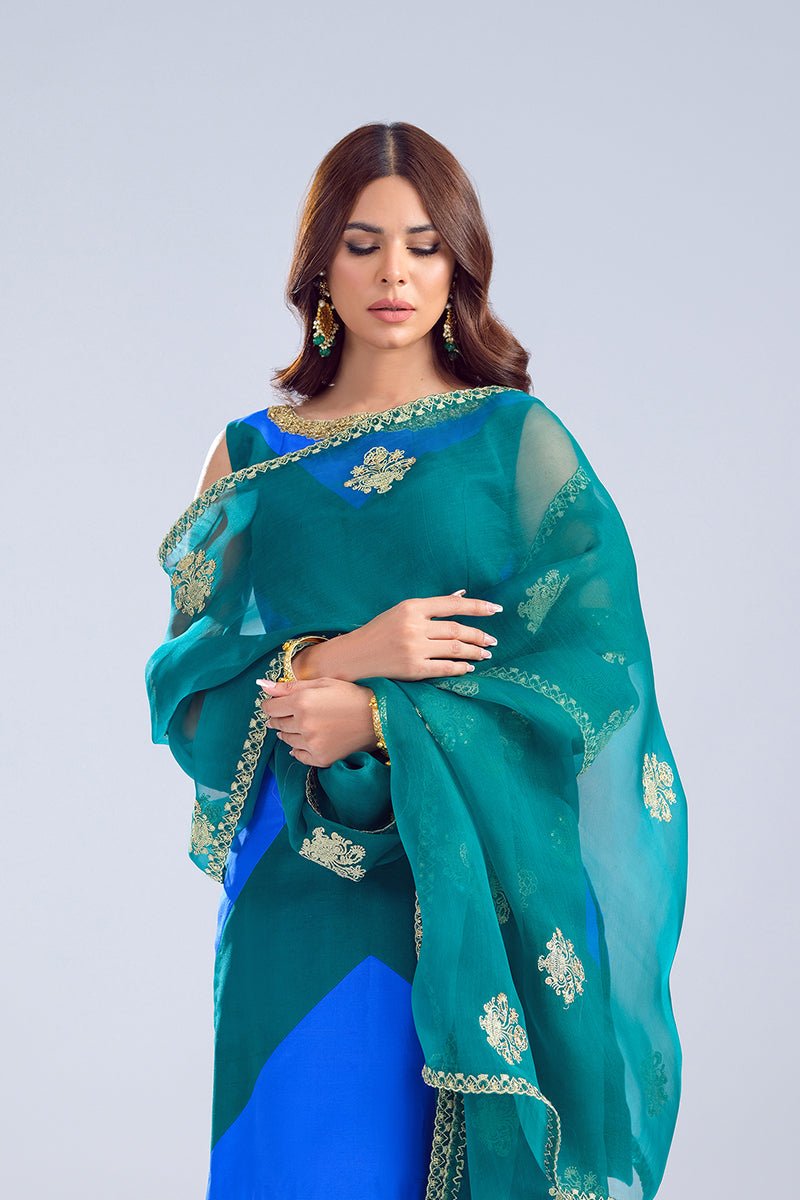 Pakistani Blue-Green Zardozi Embossed Silk Salwar Kameez (3-Piece) - Image 3