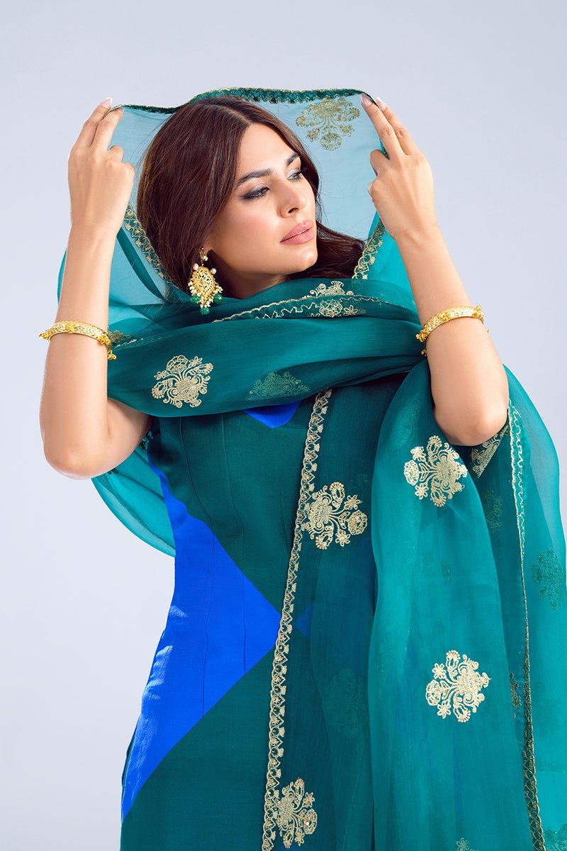 Pakistani Blue-Green Zardozi Embossed Silk Salwar Kameez (3-Piece) - Image 5