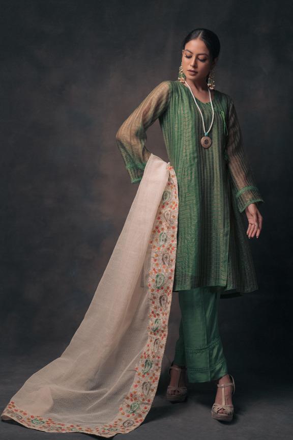 Pakistani Forest Green Striped Kurta with Embroidered Dupatta (3-Piece) - Image 1