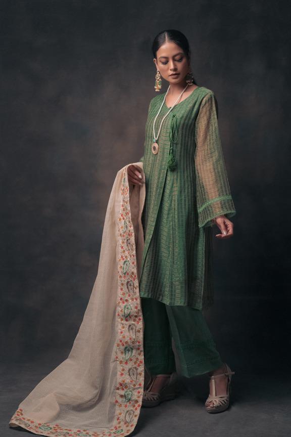 Pakistani Forest Green Striped Kurta with Embroidered Dupatta (3-Piece) - Image 2
