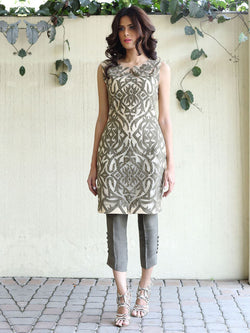 Pakistani Woodbine Green Suede Appliqué Georgette Tunic (2-Piece) - Image 1