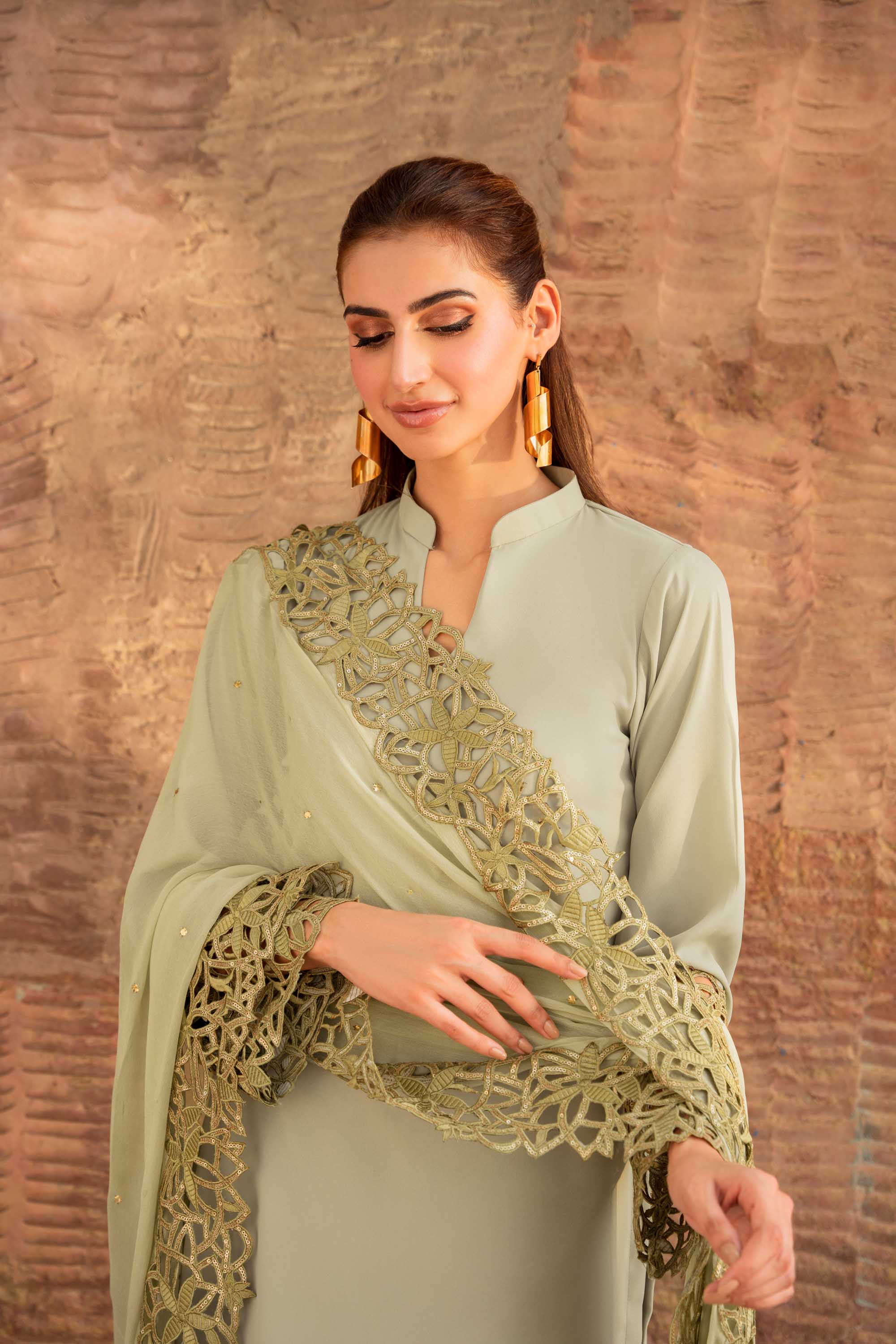 Tea Green Cutwork Georgette Chiffon Salwar Kameez (3-Piece) - Image 2