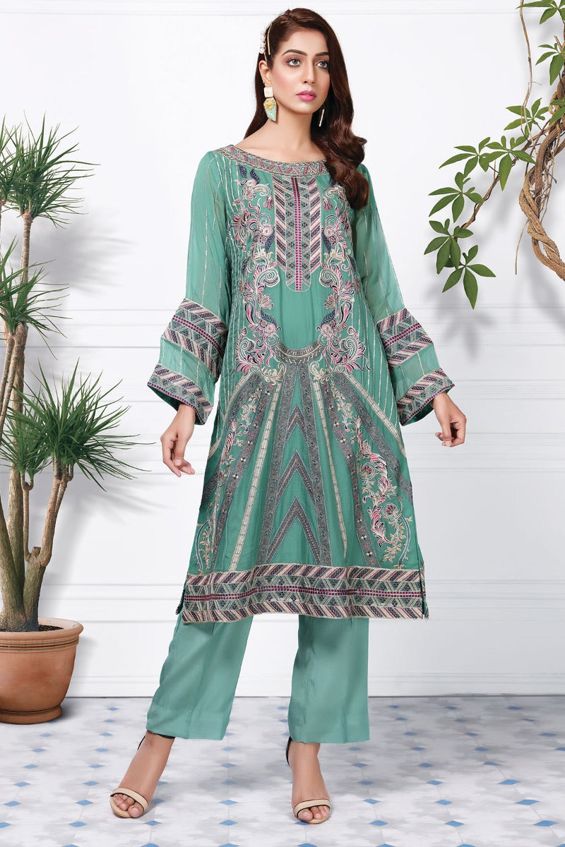 Aqua Green Embroidered Georgette Chiffon Kameez (2-Piece) - Image 1