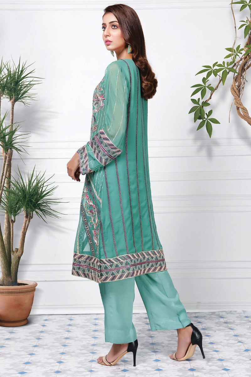 Aqua Green Embroidered Georgette Chiffon Kameez (2-Piece) - Image 2