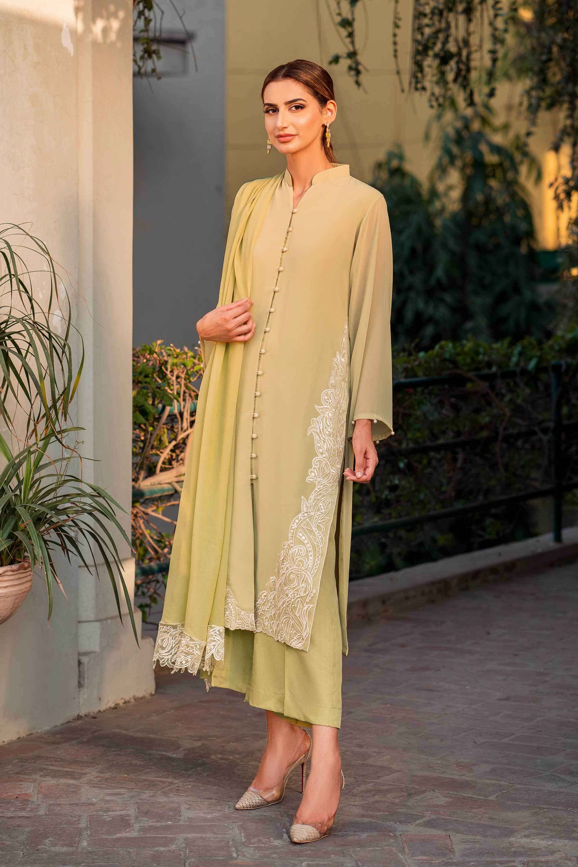 Sorbet Green Embroidered Georgette Chiffon Salwar Kameez (3-Piece) - Image 3