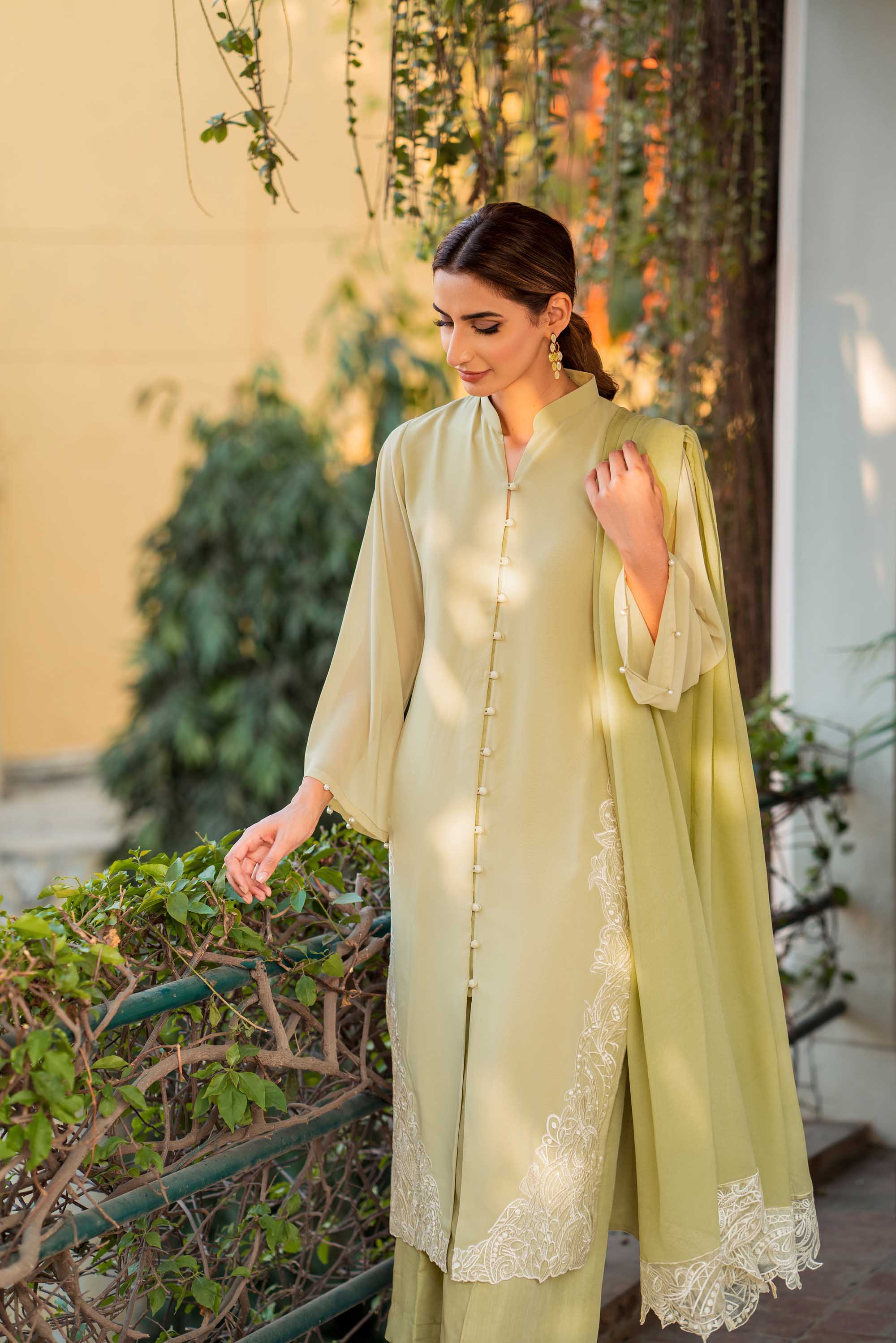 Sorbet Green Embroidered Georgette Chiffon Salwar Kameez (3-Piece) - Image 5