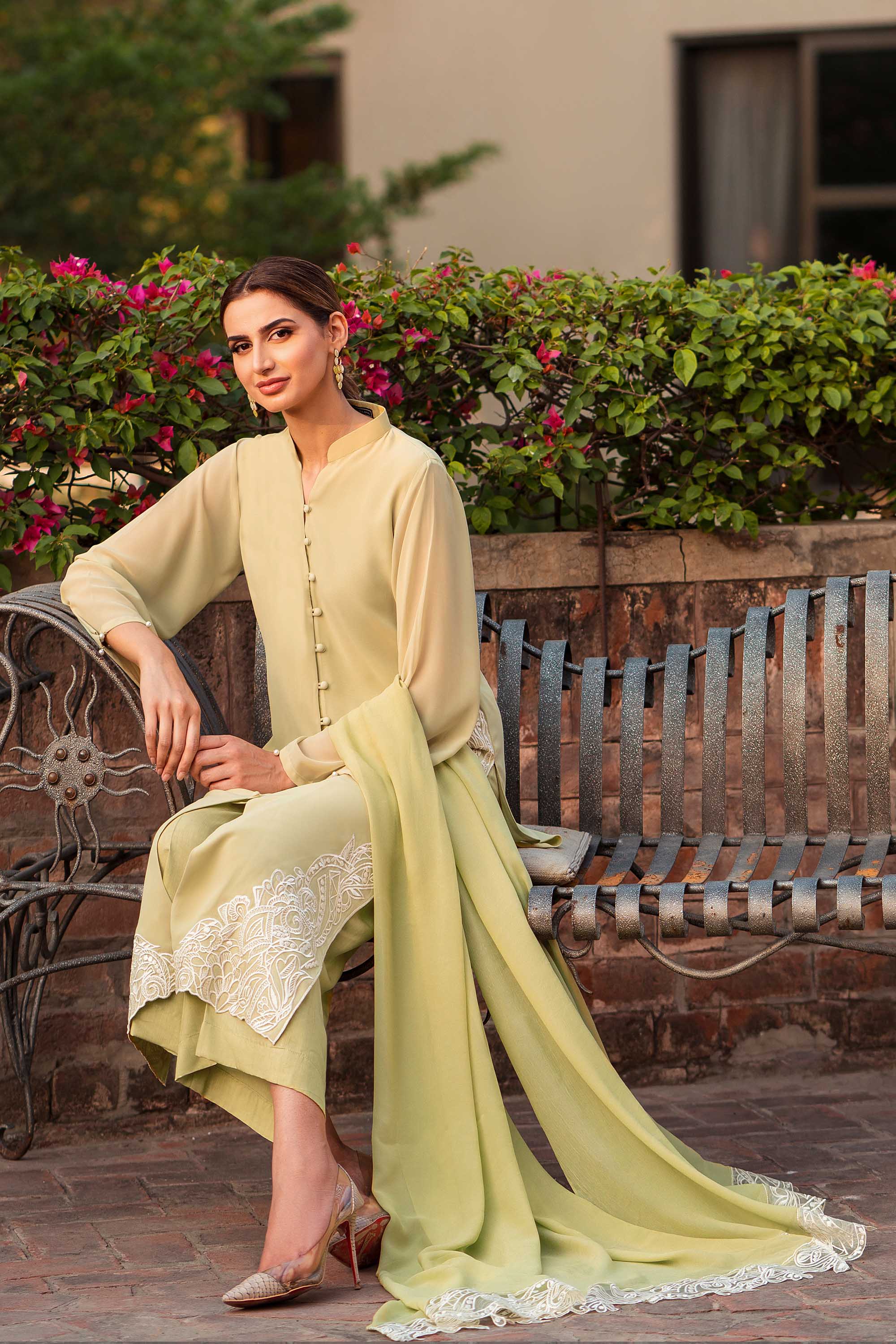 Sorbet Green Embroidered Georgette Chiffon Salwar Kameez (3-Piece) - Image 6