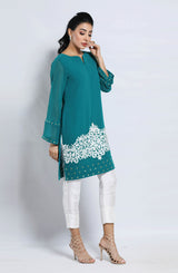 Sea Green Embroidered Georgette Chiffon Tunic (1-Pc) - Image 4