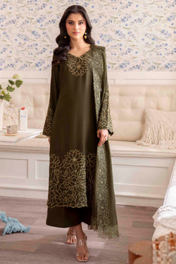 Olive Green Embroidered Georgette Chiffon Salwar Kameez (3-Piece) - Image 1