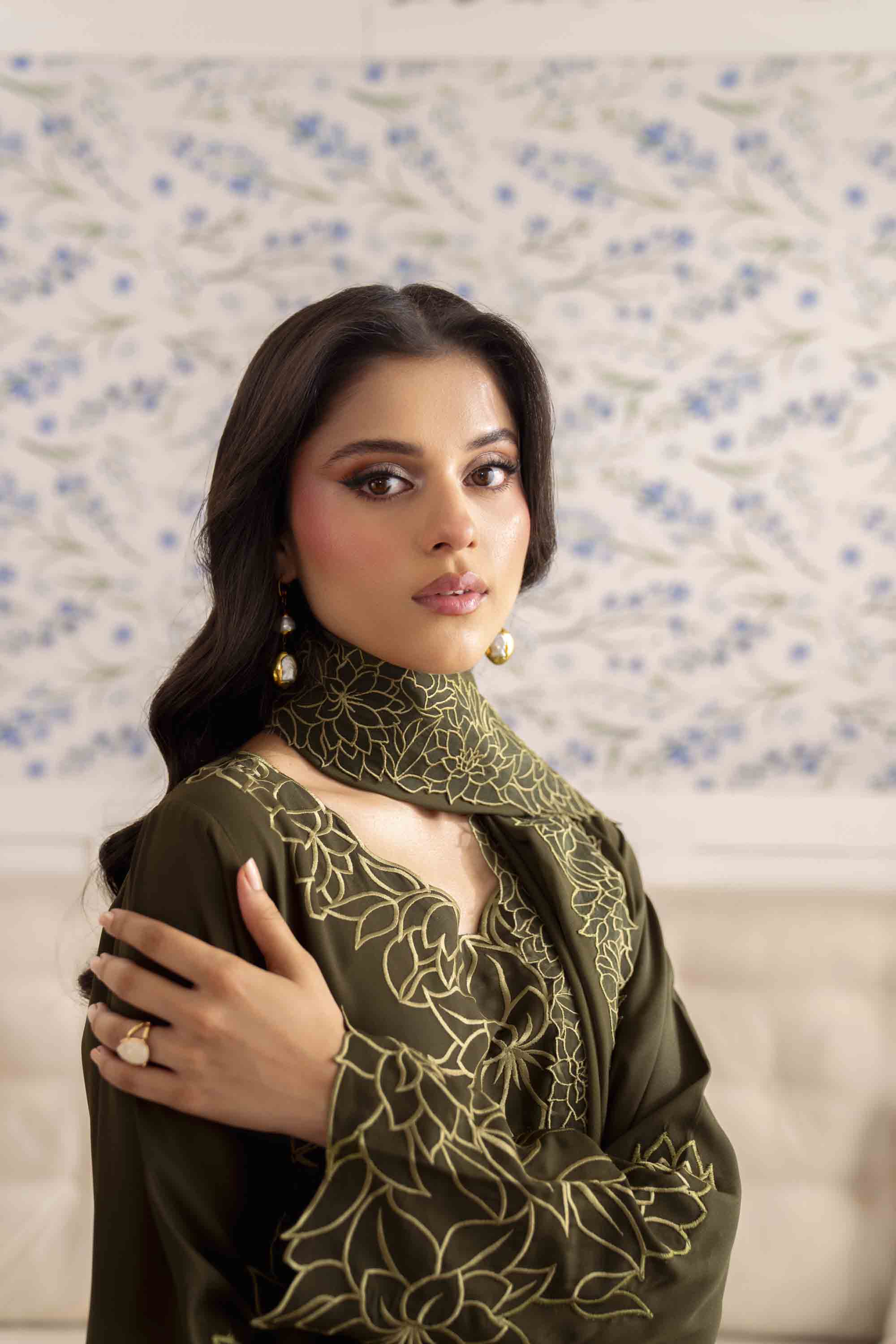 Olive Green Embroidered Georgette Chiffon Salwar Kameez (3-Piece) - Image 4