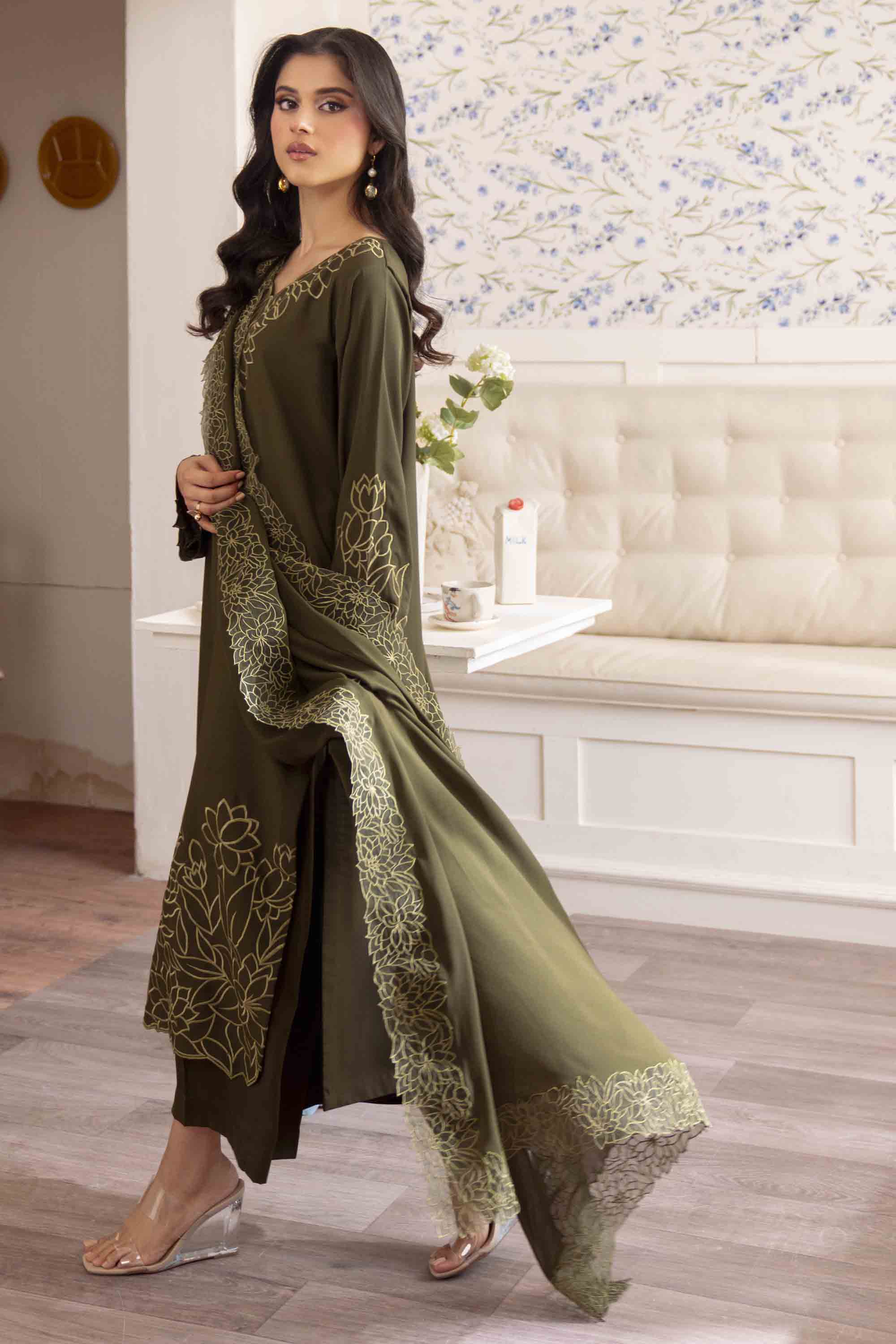 Olive Green Embroidered Georgette Chiffon Salwar Kameez (3-Piece) - Image 5
