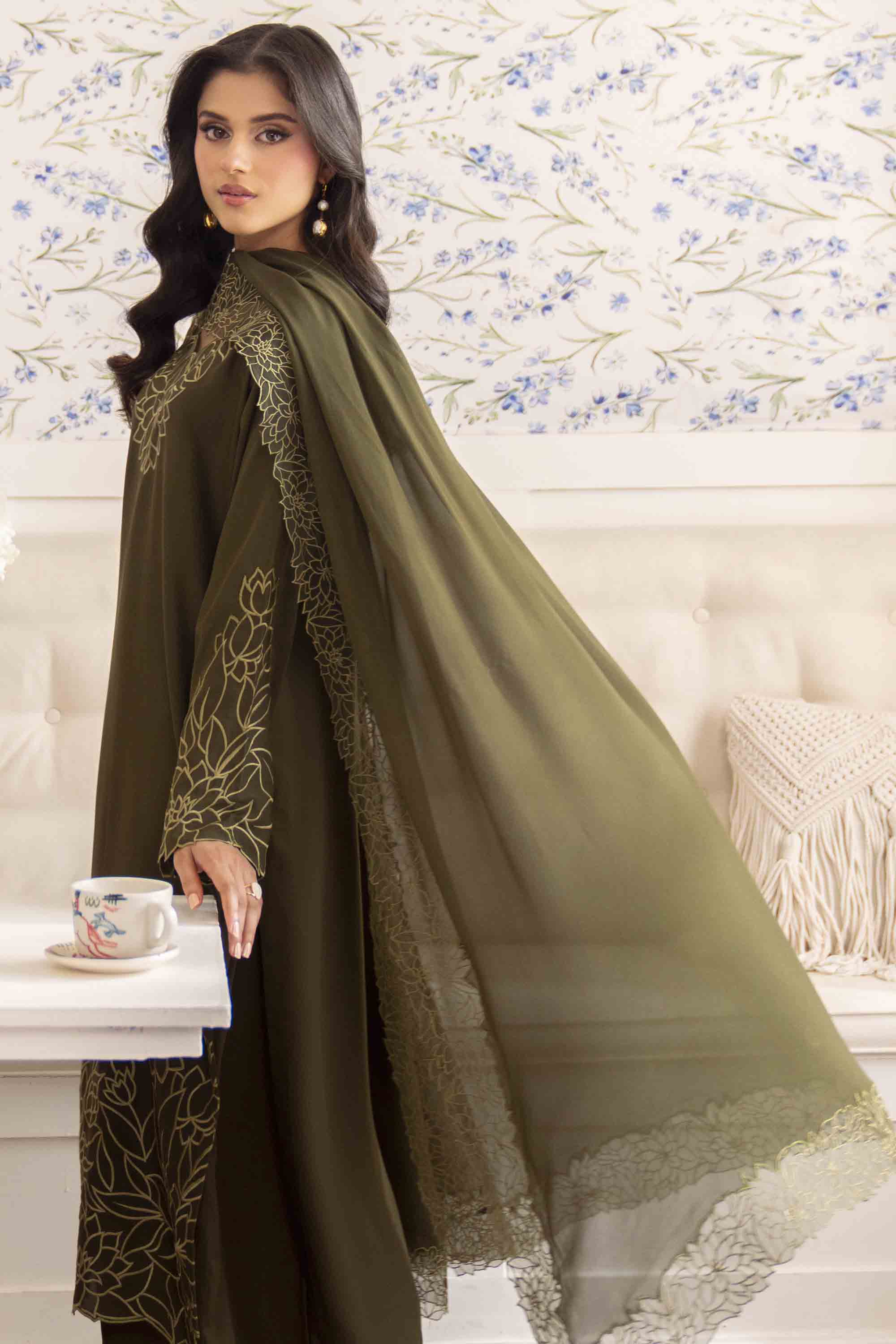 Olive Green Embroidered Georgette Chiffon Salwar Kameez (3-Piece) - Image 7