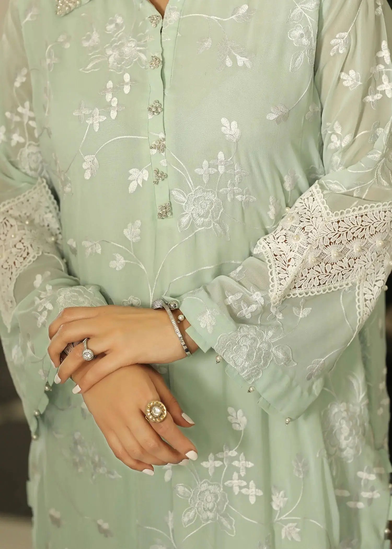 Pakistani Mint Green Embroidered Georgette Co-ord Set (2-Piece) - Image 11