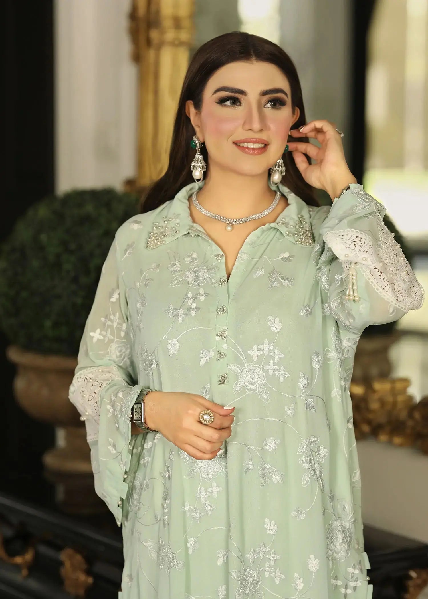 Pakistani Mint Green Embroidered Georgette Co-ord Set (2-Piece) - Image 5