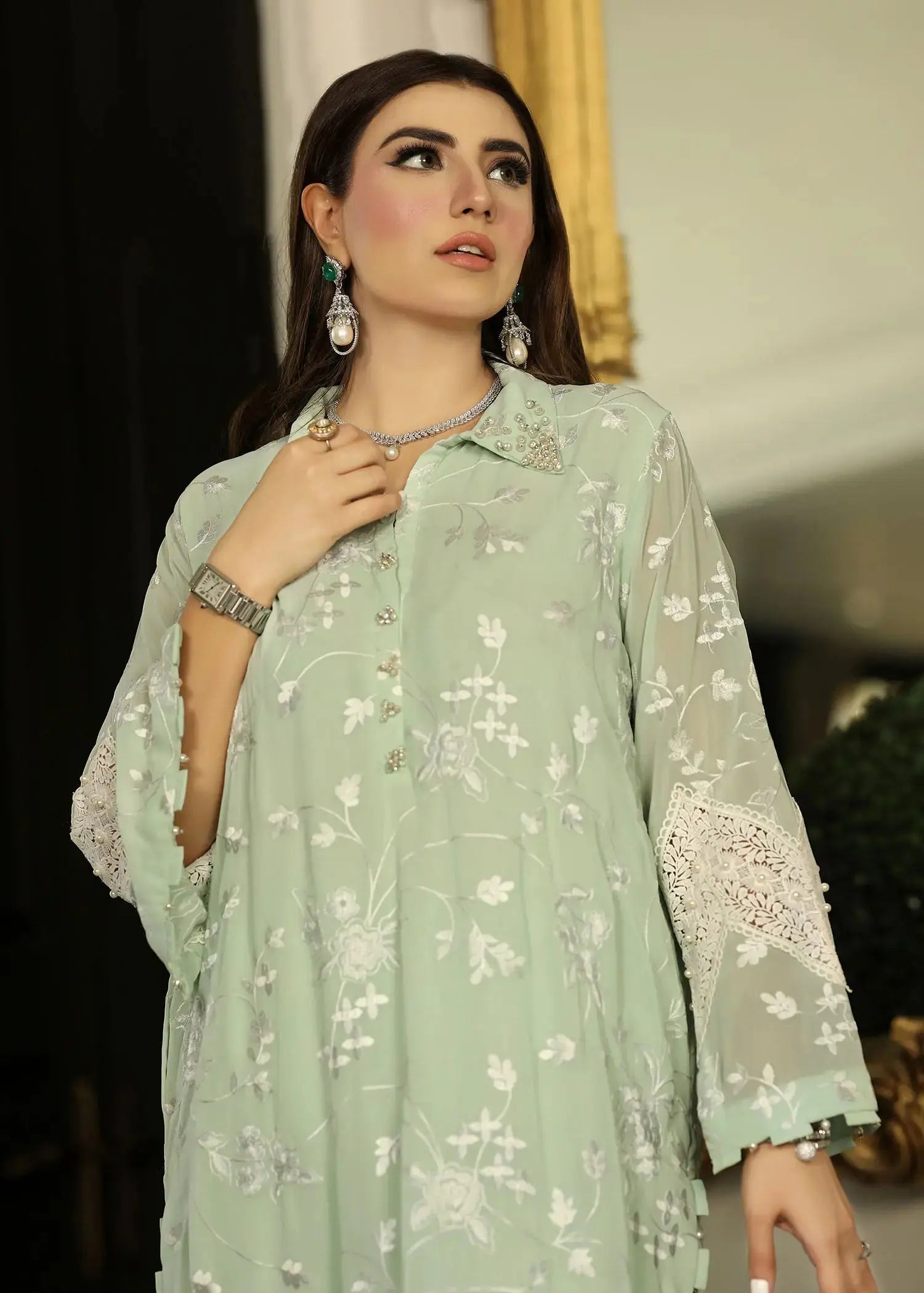 Pakistani Mint Green Embroidered Georgette Co-ord Set (2-Piece) - Image 8