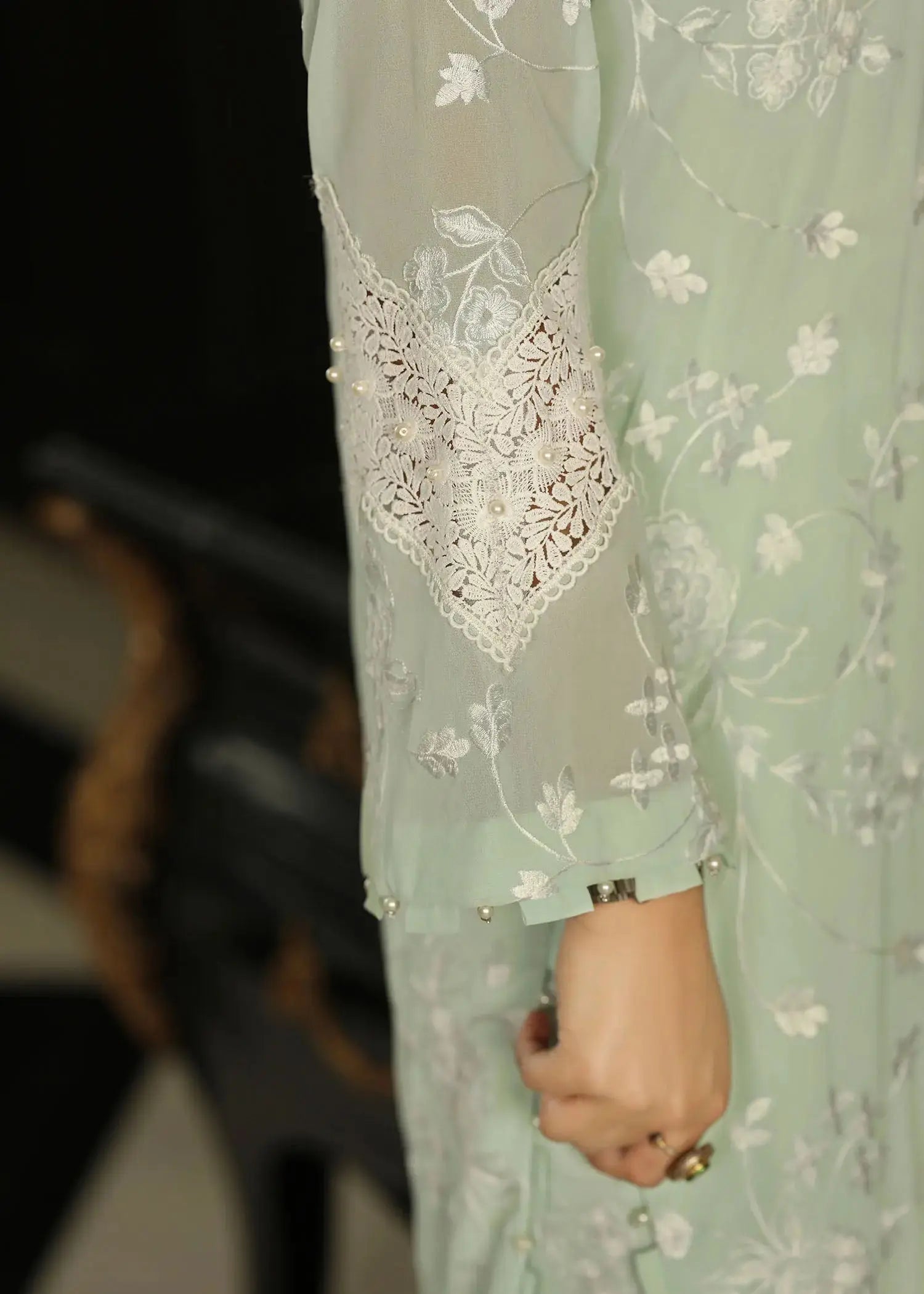 Pakistani Mint Green Embroidered Georgette Co-ord Set (2-Piece) - Image 9