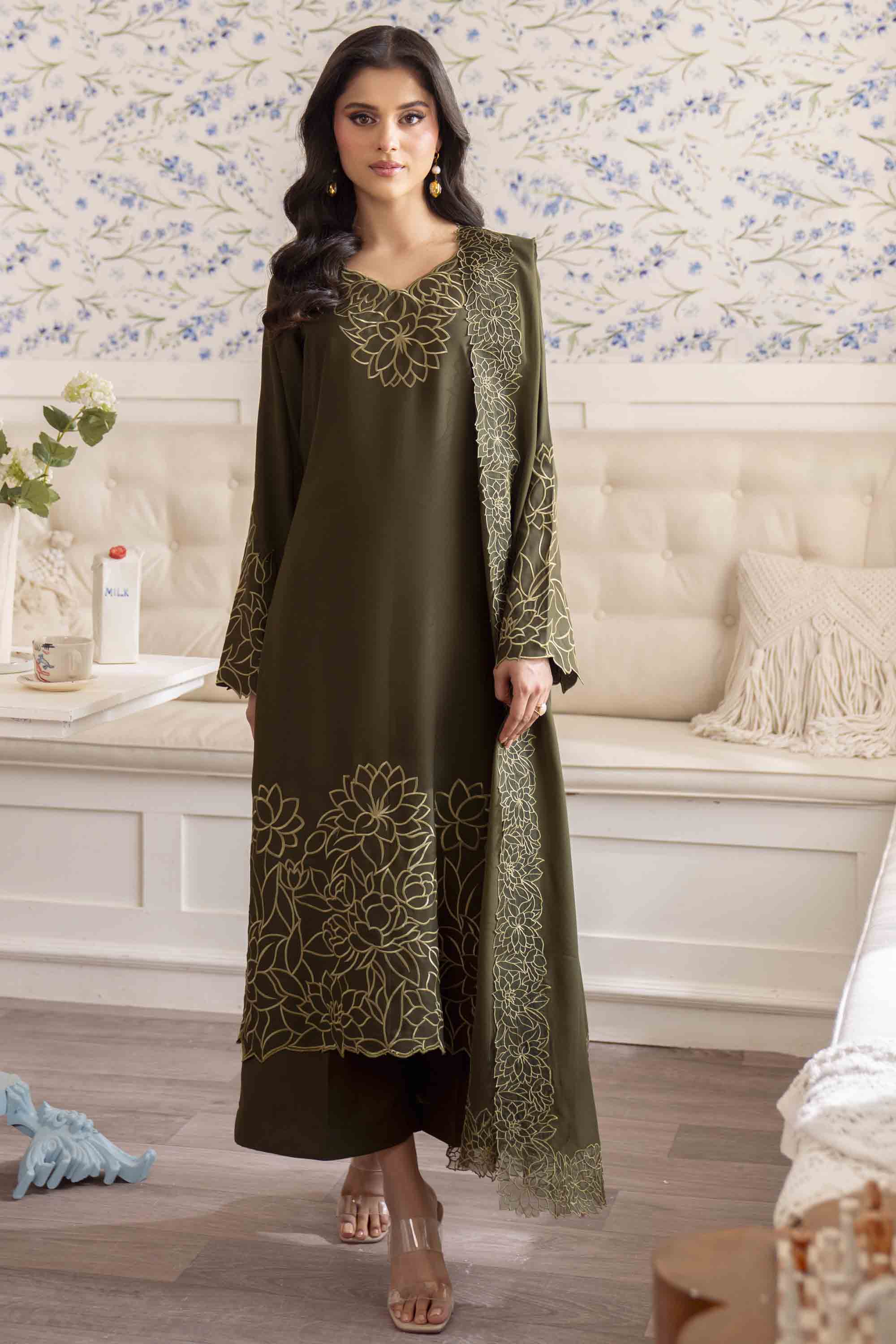 Pakistani Olive Green Embroidered Georgette Chiffon Salwar Kameez (3-Piece) - Image 2