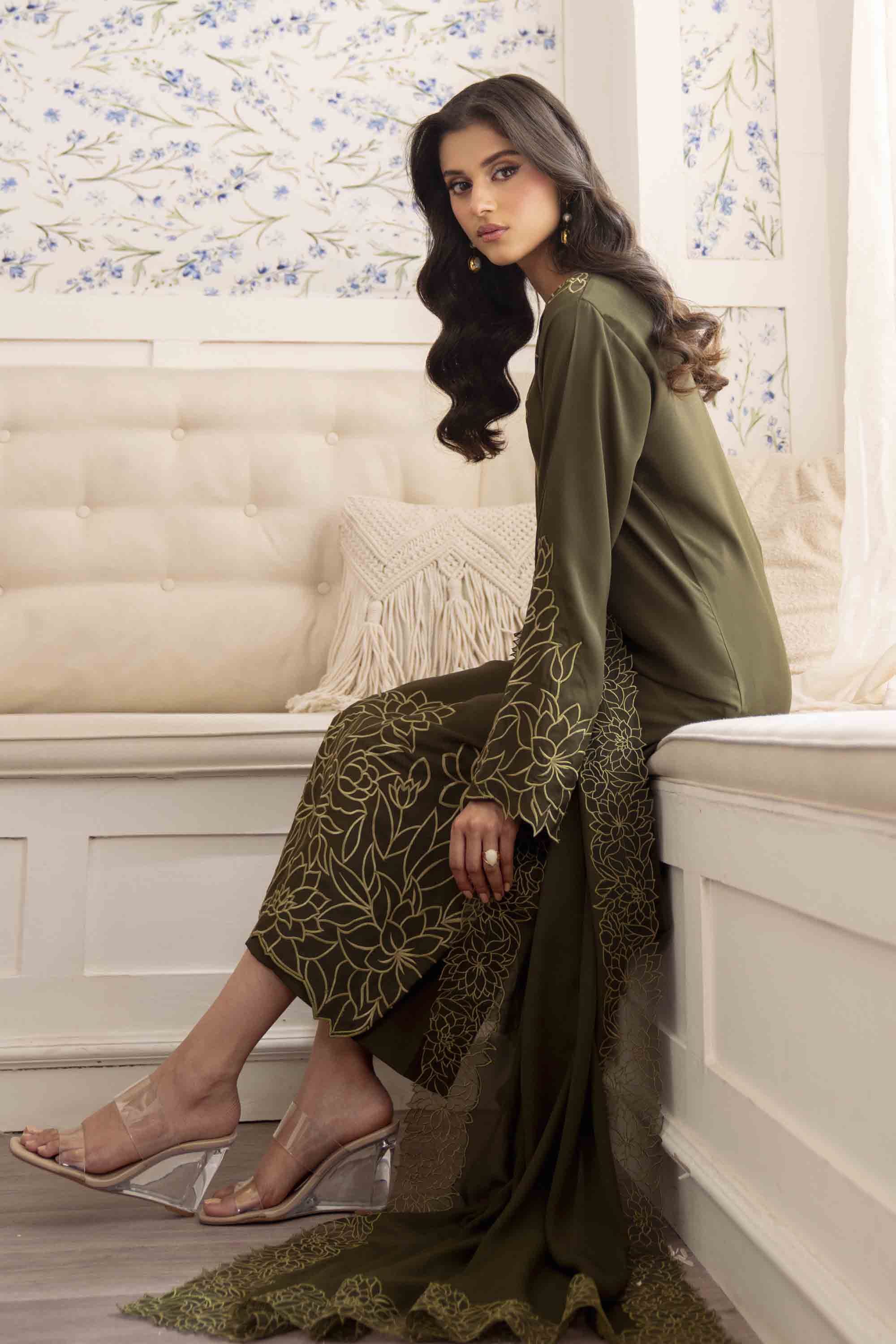Pakistani Olive Green Embroidered Georgette Chiffon Salwar Kameez (3-Piece) - Image 3