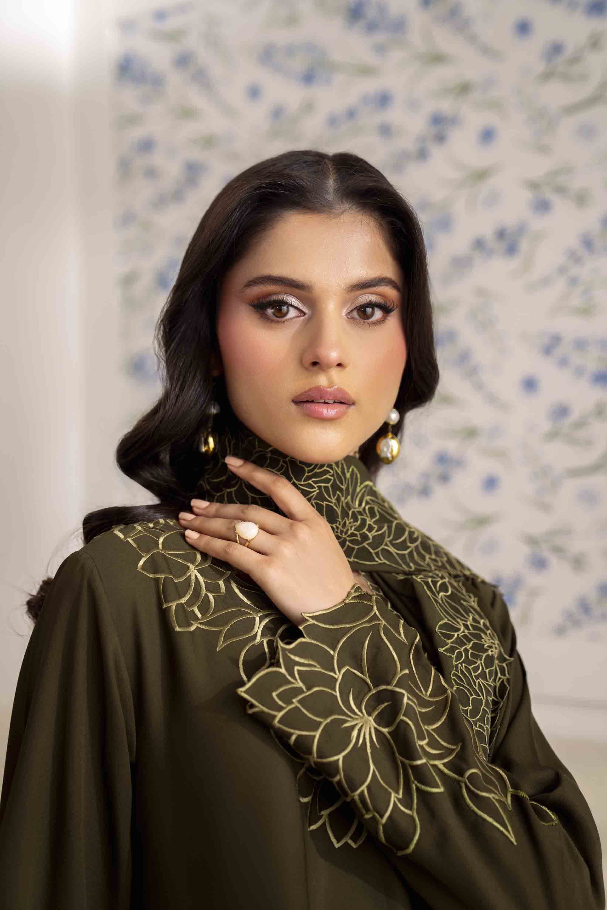 Pakistani Olive Green Embroidered Georgette Chiffon Salwar Kameez (3-Piece) - Image 6