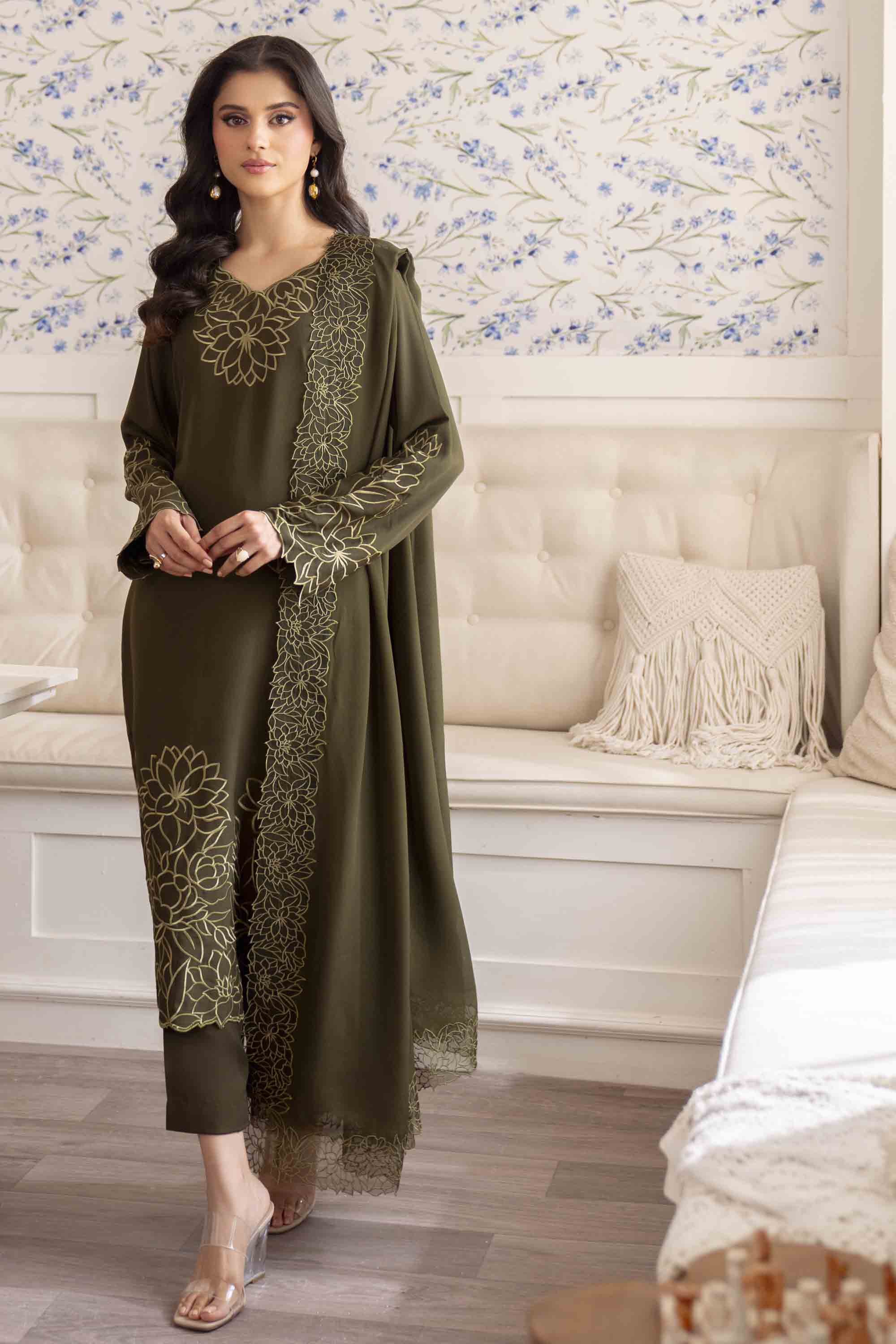Pakistani Olive Green Embroidered Georgette Chiffon Salwar Kameez (3-Piece) - Image 8