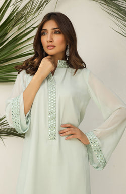Pakistani Peppermint Green Mirror Embroidered Georgette Chiffon Suit (3-Piece) - Image 1