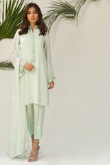 Pakistani Peppermint Green Mirror Embroidered Georgette Chiffon Suit (3-Piece) - Image 3