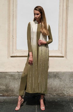 Green Ombre Mirror Work Georgette Chiffon Jacket Set (3-Piece) - Image 1