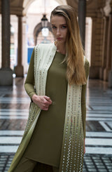 Green Ombre Mirror Work Georgette Chiffon Jacket Set (3-Piece) - Image 3