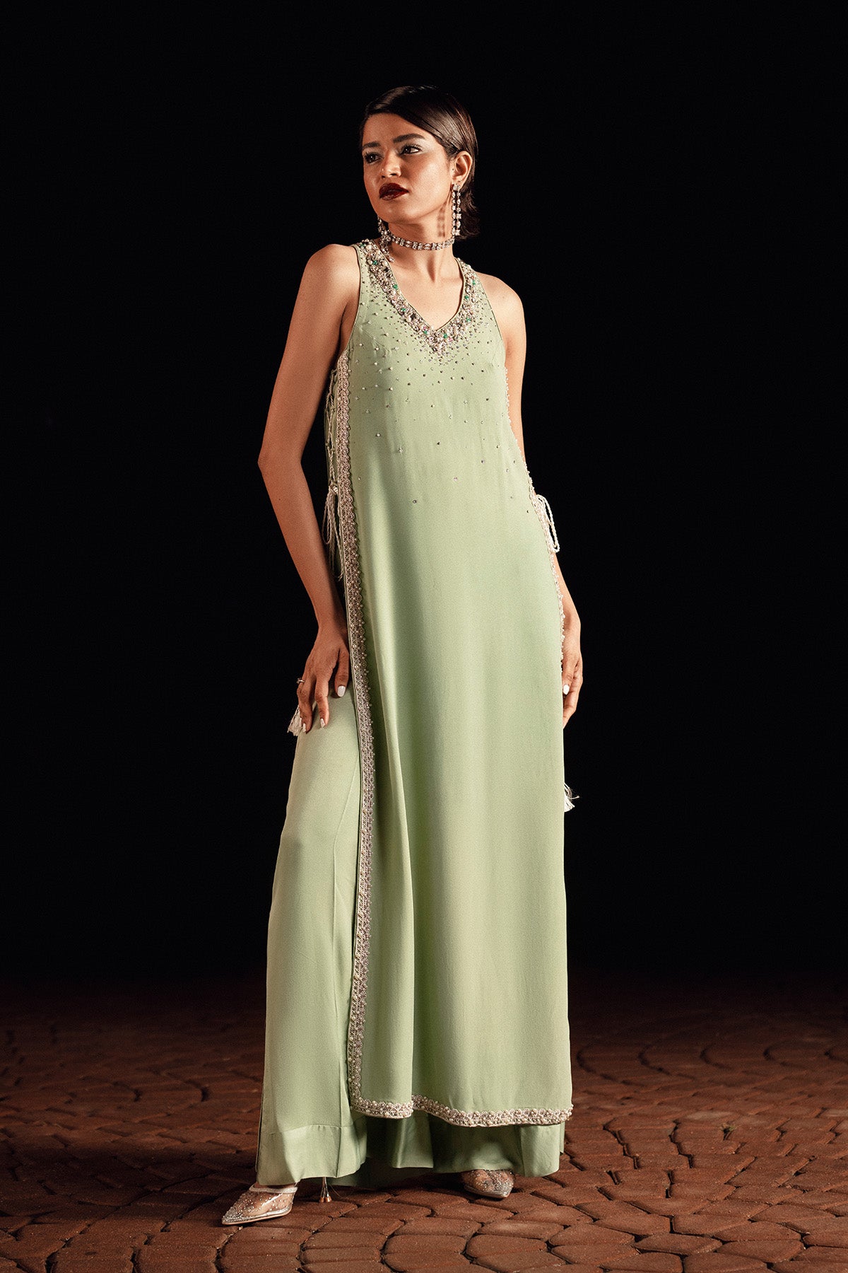 Pakistani Apple Green Embellished Georgette Salwar Kameez (2-Piece) - Image 1