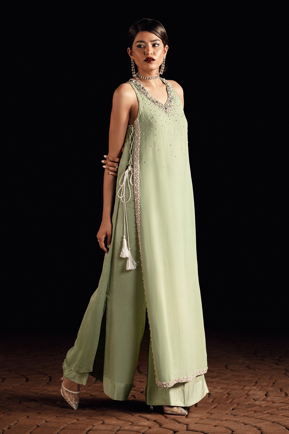 Pakistani Apple Green Embellished Georgette Salwar Kameez (2-Piece) - Image 2