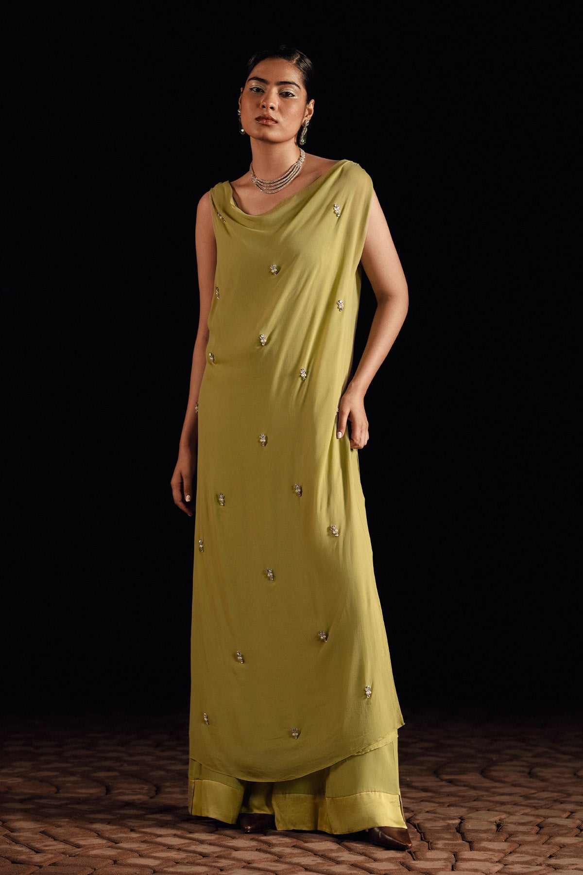 Pakistani Lime Green Embellished Georgette Shirt & Satin Silk Pants (2-Piece) - Image 1