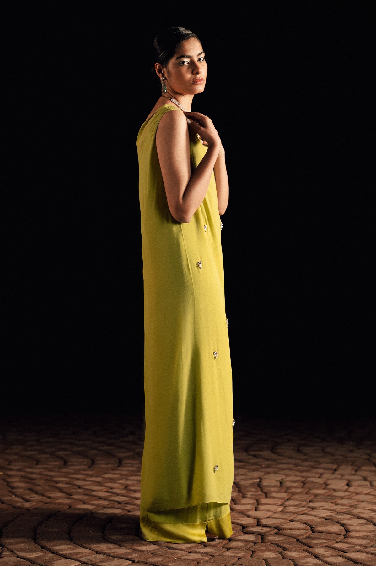 Pakistani Lime Green Embellished Georgette Shirt & Satin Silk Pants (2-Piece) - Image 3