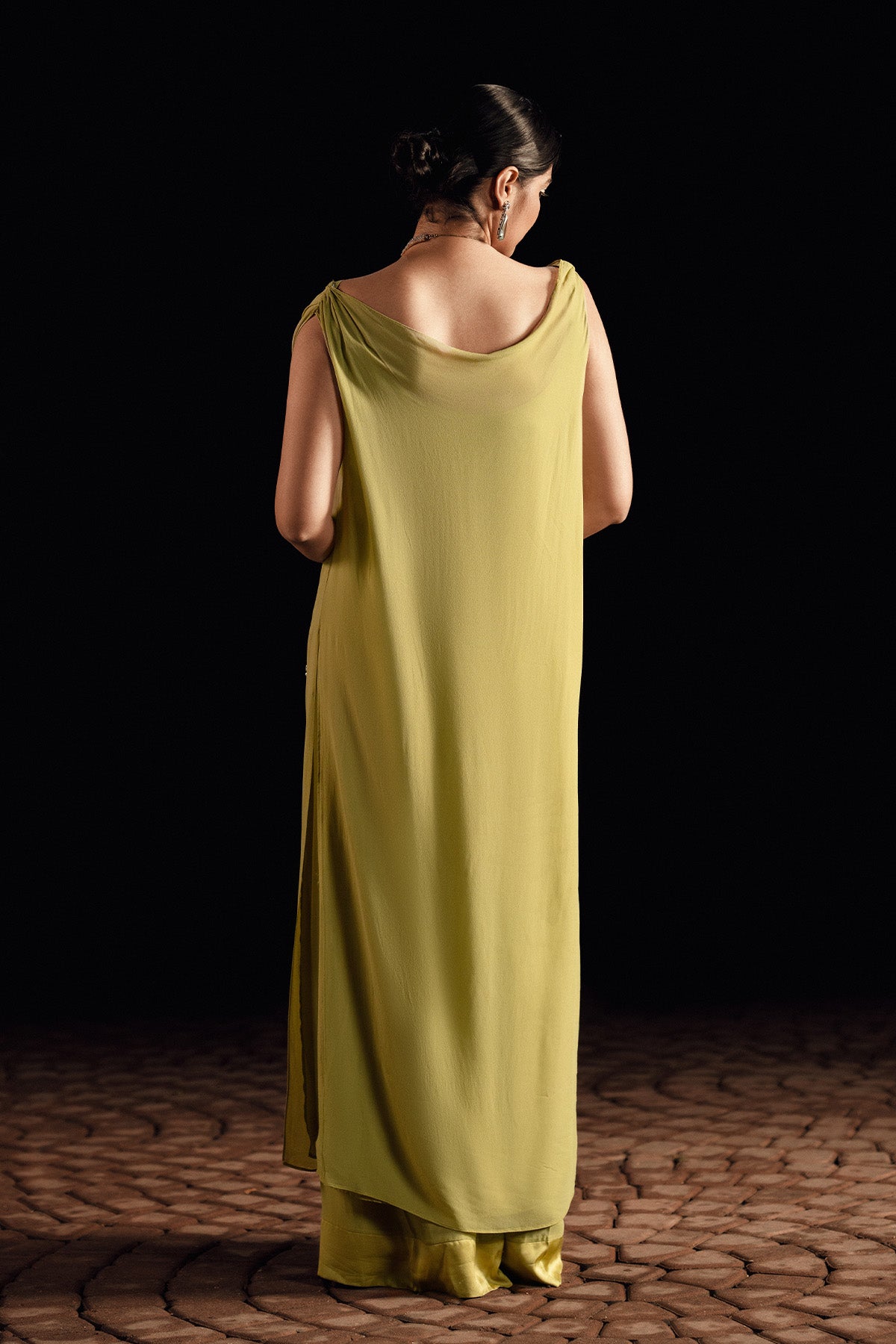 Pakistani Lime Green Embellished Georgette Shirt & Satin Silk Pants (2-Piece) - Image 4