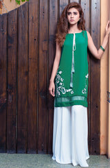 Viridian Green Embroidered Georgette Chiffon Salwar Kameez (2-Piece) - Image 2