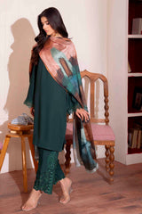 Emerald Green Embroidered Georgette Chiffon Co-ord Set (3-Piece) - Image 2