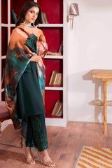 Emerald Green Embroidered Georgette Chiffon Co-ord Set (3-Piece) - Image 4