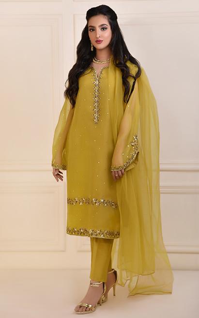 Pakistani Dhani Green Zardozi Embroidered Chiffon Salwar Kameez (3-Piece) - Image 2