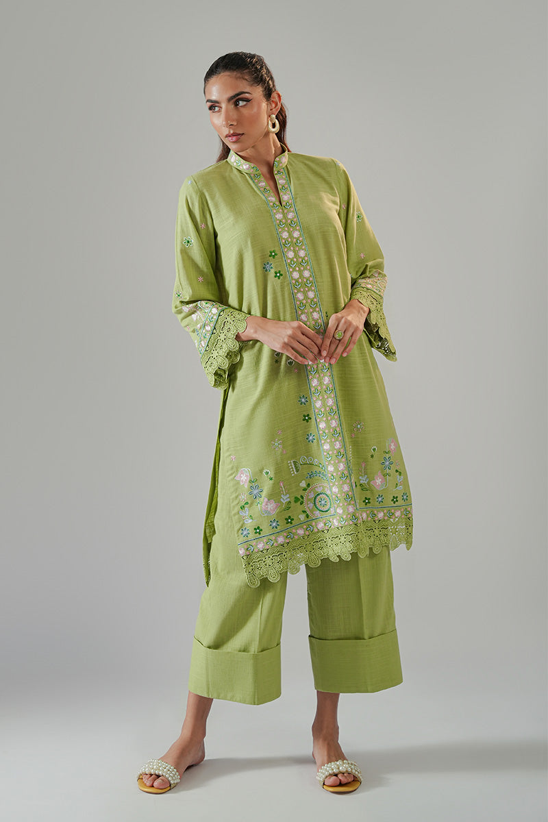 Green Embroidered Irish Cotton Kurta Set (2-Piece) - Image 1