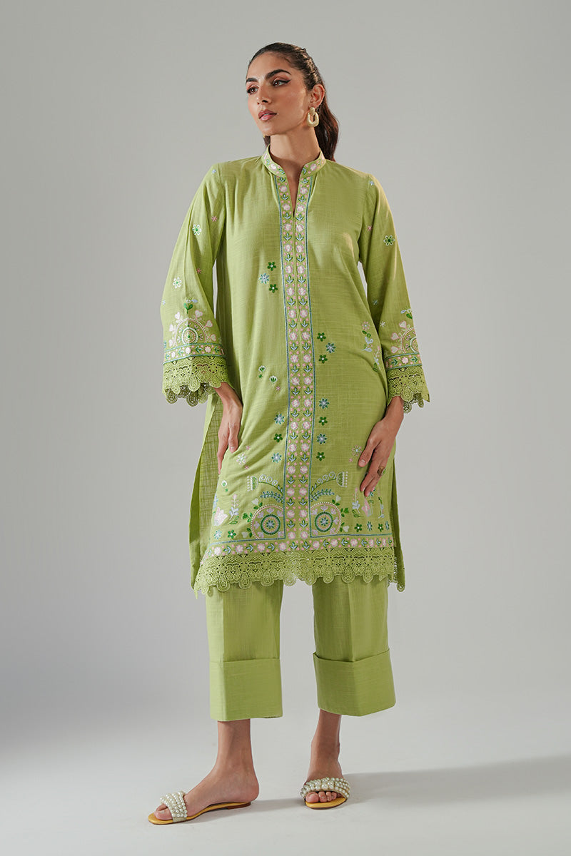 Green Embroidered Irish Cotton Kurta Set (2-Piece) - Image 2