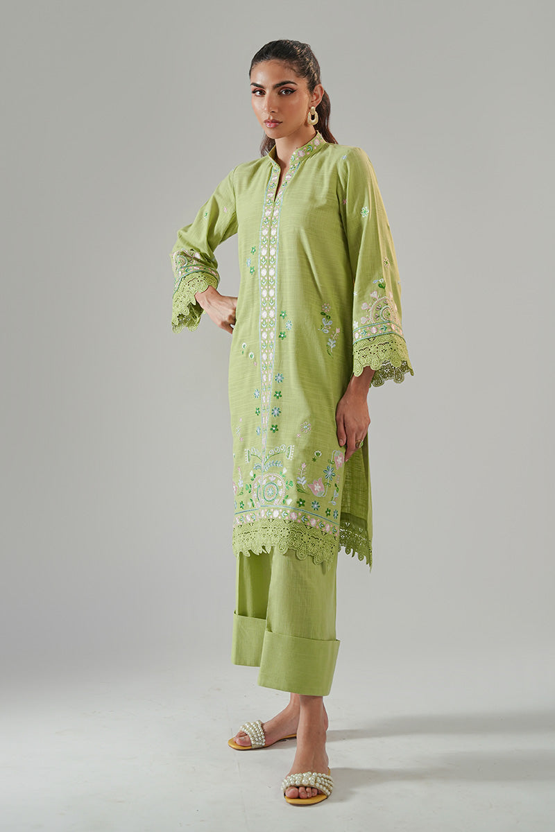 Green Embroidered Irish Cotton Kurta Set (2-Piece) - Image 3
