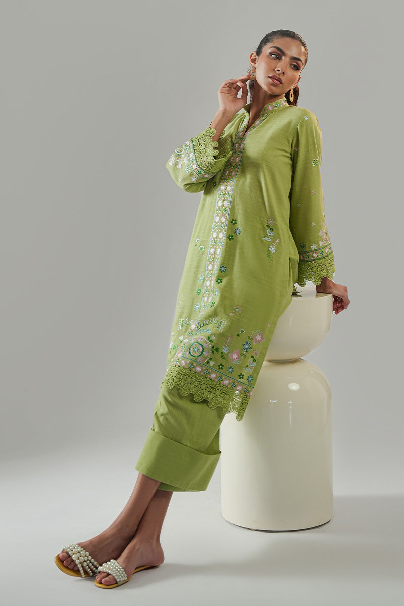 Green Embroidered Irish Cotton Kurta Set (2-Piece) - Image 6