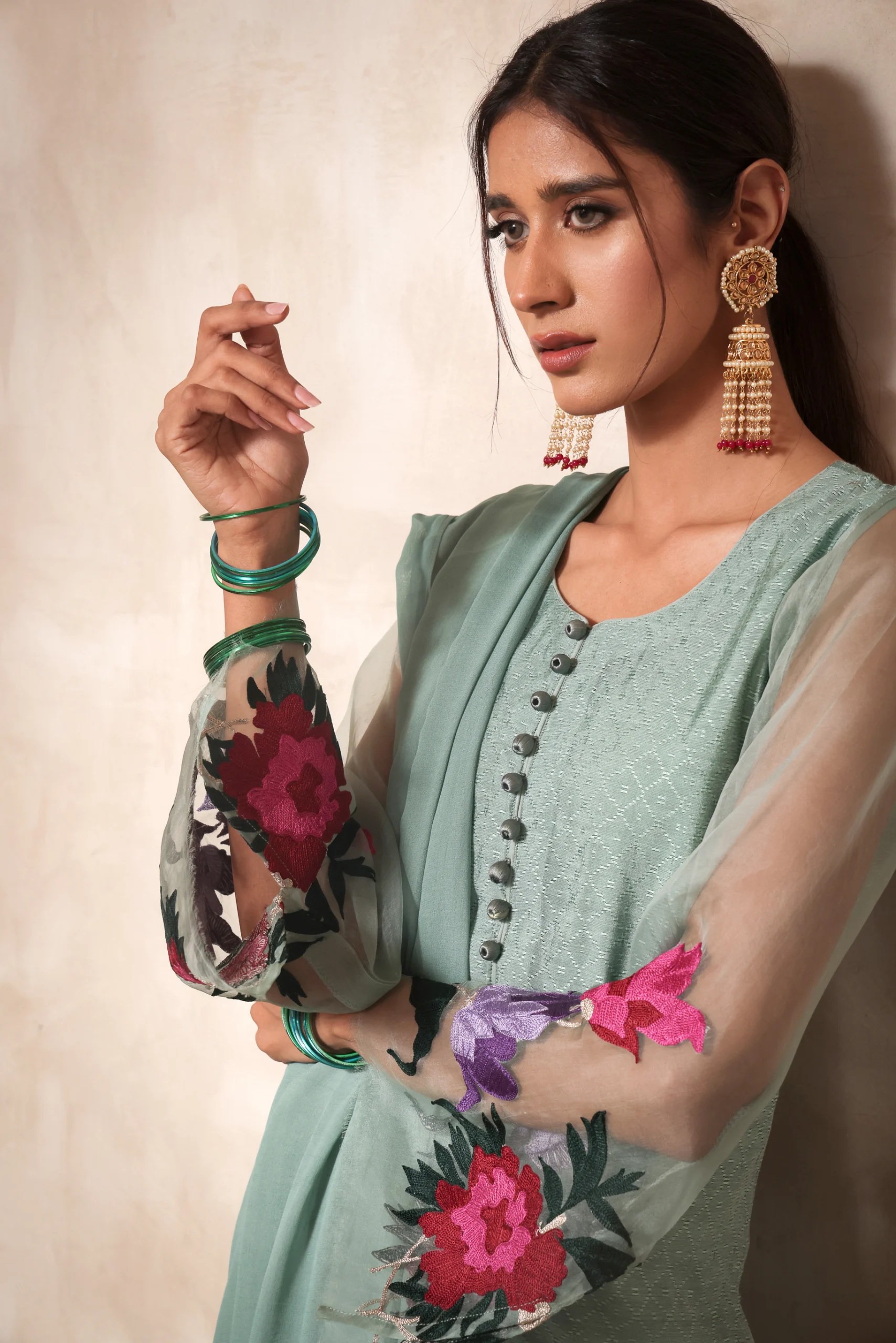 Pakistani Mint Green Embroidered Jacquard Cotton Salwar Kameez (3-Piece) - Image 1