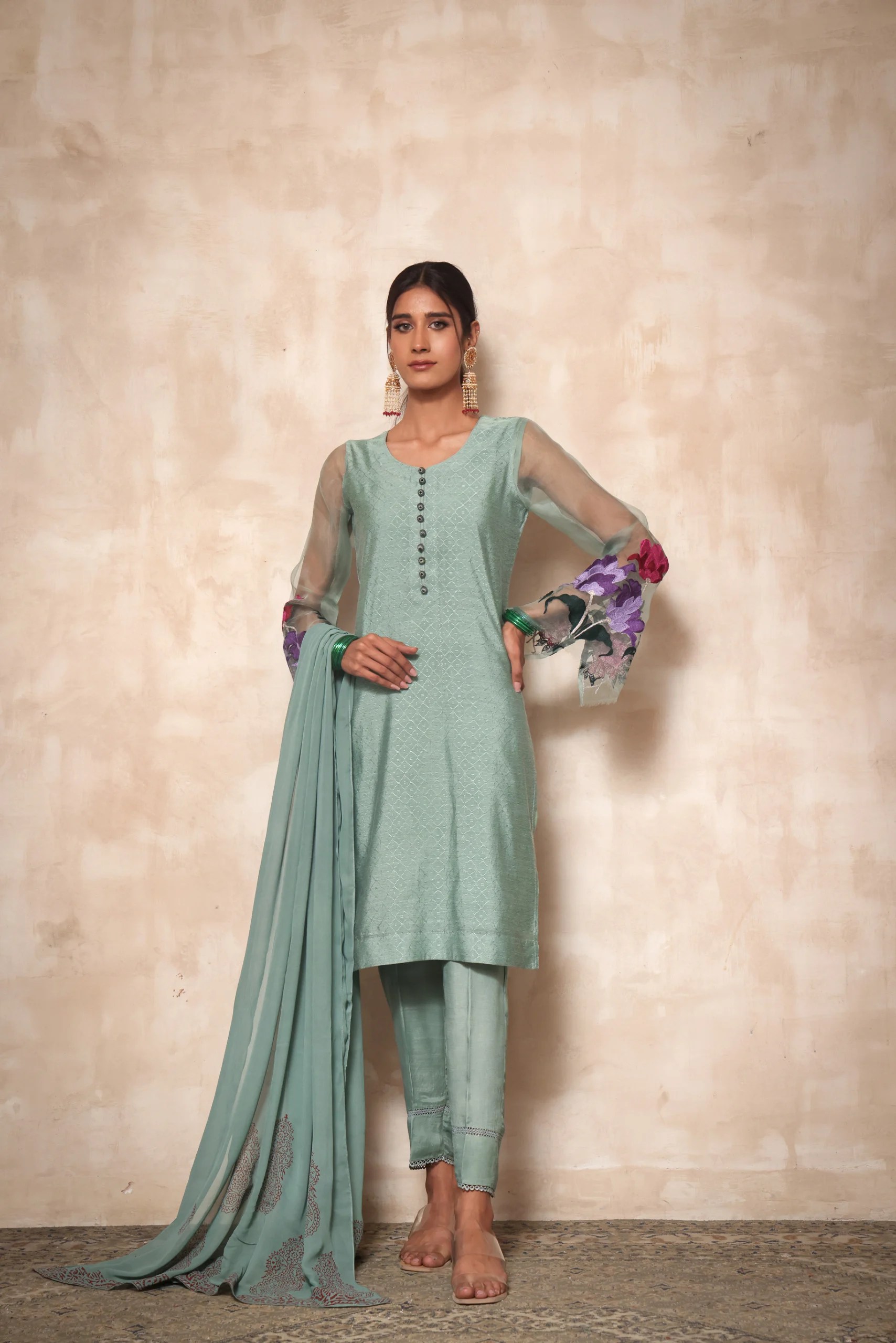 Pakistani Mint Green Embroidered Jacquard Cotton Salwar Kameez (3-Piece) - Image 2