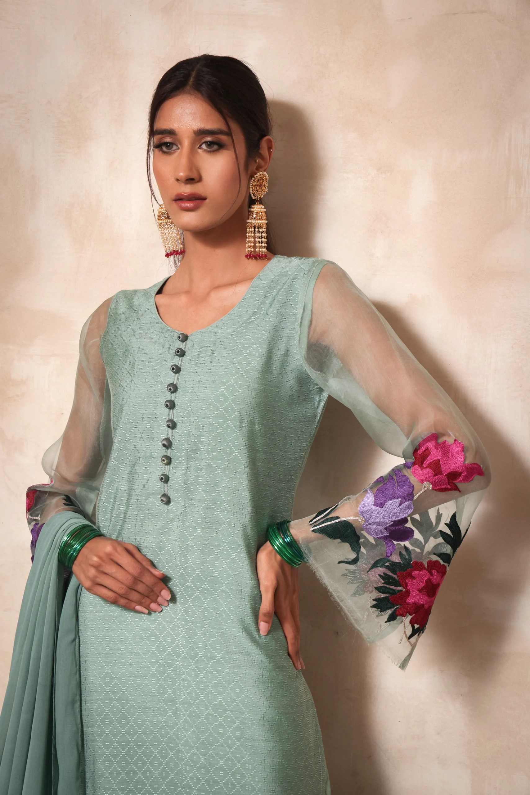Pakistani Mint Green Embroidered Jacquard Cotton Salwar Kameez (3-Piece) - Image 3